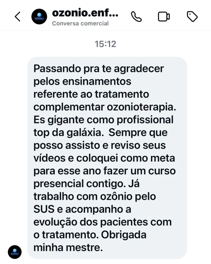 Print de mensagem no Instagram de @ozonio.enf agradecendo pelos ensinamentos sobre ozonioterapia como tratamento complementar: trabalha com ozônio pelo SUS e tem como meta fazer um curso presencial com a Dra. Poliane